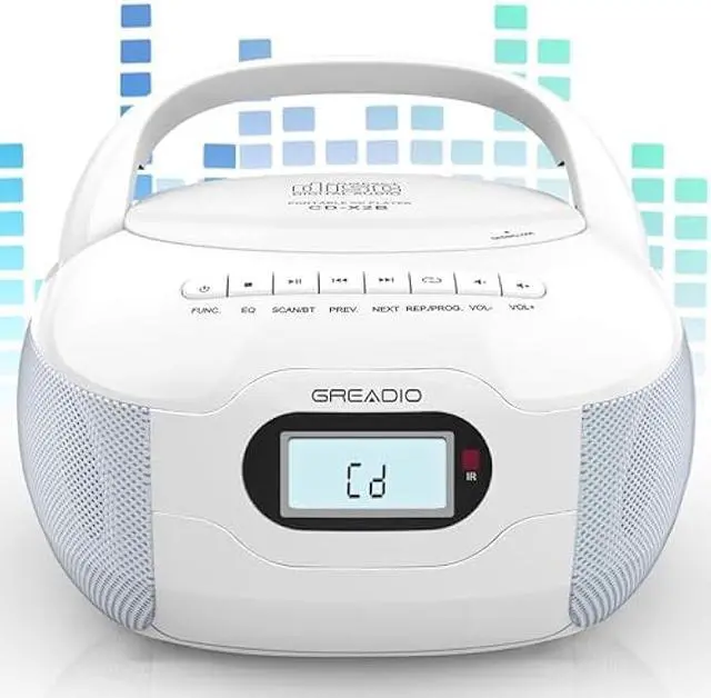 Main image of Greadio Boombox CD Player, Portable FM Radio CD Player with Bluetooth 5.1, LCD Display, AC Cord/Dry Battery Operation, TF/USB/AUX Port, Headphone Jack, CD-R/CD-RW Compatible for Home,Senior,Kids