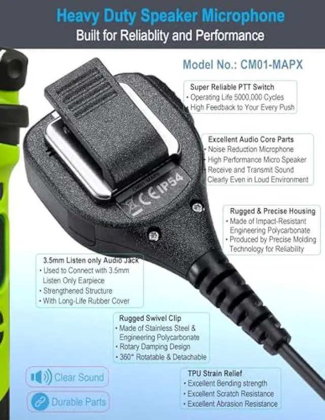 Alt view image 5 of 7 - commountain Speaker Mic Compatible for Motorola Radios APX-6000 XPR-7550e APX-8000 (7000 4000) XPR-7350e (7580e 7380e 7550 7350) APX6000 APX7000 APX8000 XPR7550 XPR7550e, Shoulder Microphone