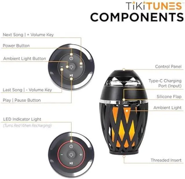 Alt view image 4 of 5 - TikiTunes Portable Bluetooth 5.0 Indoor/Outdoor Wireless Speaker, LED Torch Atmospheric Lighting Effect, 5-Watt Audio USB Speaker, 2000 mAh Battery for iPhone/iPad/Android