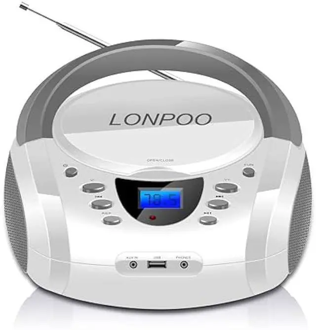 Main image of LONPOO CD Players Portable Boombox with FM Radio/USB/Bluetooth/AUX Input and Earphone Jack Output, Stereo Sound Speaker & Audio Player,White