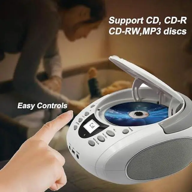 Alt view image 2 of 5 - LONPOO CD Players Portable Boombox with FM Radio/USB/Bluetooth/AUX Input and Earphone Jack Output, Stereo Sound Speaker & Audio Player,White