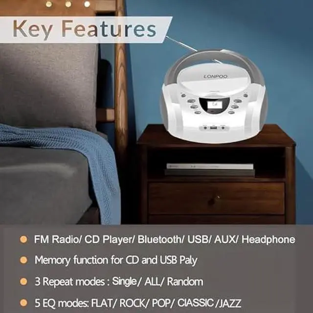 Alt view image 3 of 5 - LONPOO CD Players Portable Boombox with FM Radio/USB/Bluetooth/AUX Input and Earphone Jack Output, Stereo Sound Speaker & Audio Player,White