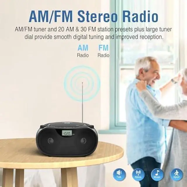 Alt view image 5 of 5 - Portable CD Player Bluetooth Boombox with AM/FM Radio, USB, AUX-in, Headphone Jack, CD-R/RW & MP3-CD Compatible, Stereo Sound with Bass Boost, AC/Battery Operated  Black