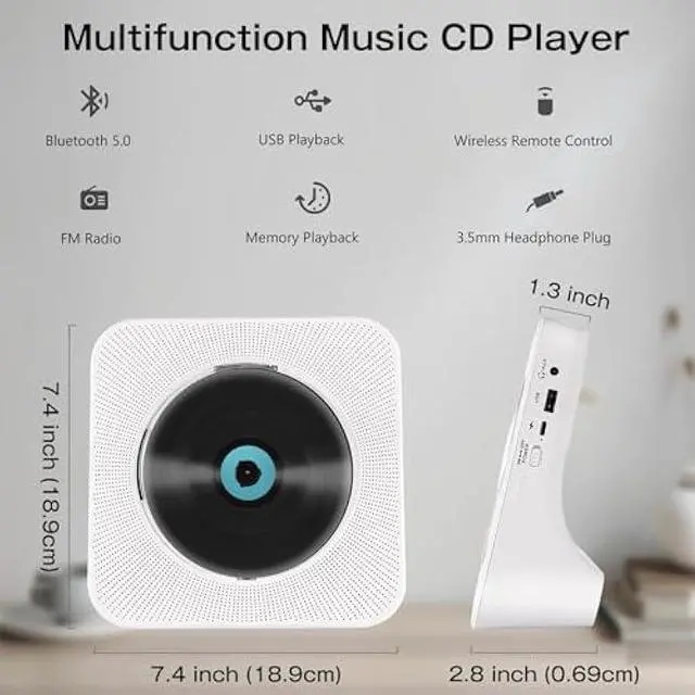 Alt view image 2 of 5 - CD Player Portable with Built in HiFi Speakers, Support Bluetooth/AUX Jack/USB Input/Timer/FM Radio Kids CD Players for Home, Travel, Office