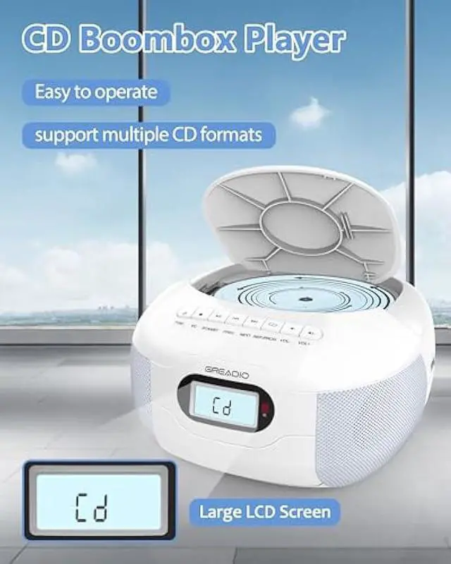 Alt view image 2 of 5 - Greadio Boombox CD Player, Portable FM Radio CD Player with Bluetooth 5.1, LCD Display, AC Cord/Dry Battery Operation, TF/USB/AUX Port, Headphone Jack, CD-R/CD-RW Compatible for Home,Senior,Kids
