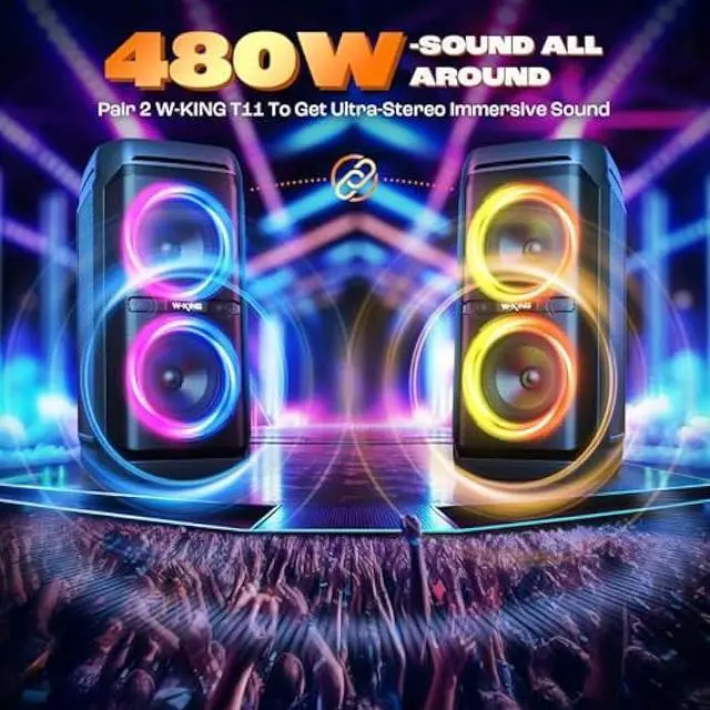 Alt view image 5 of 5 - W-KING 240W Bluetooth Speaker,Loud Boombox with Deep Bass Subwoofers, IPX6 Waterproof, Party Portable Speaker, Speakers Bluetooth Wireless, RGB Lights, 24H, Mic&Guitar Input, Echo, EQ,AUX for Outdoor