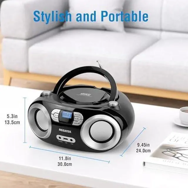 Alt view image 5 of 5 - MEGATEK Portable CD Player Boombox with FM Radio, Bluetooth, USB Port, AUX Input, and Headphone Jack  CD-R/CD-RW/MP3-CD Compatible, Clear Stereo Sound, Backlit LCD Display  Black