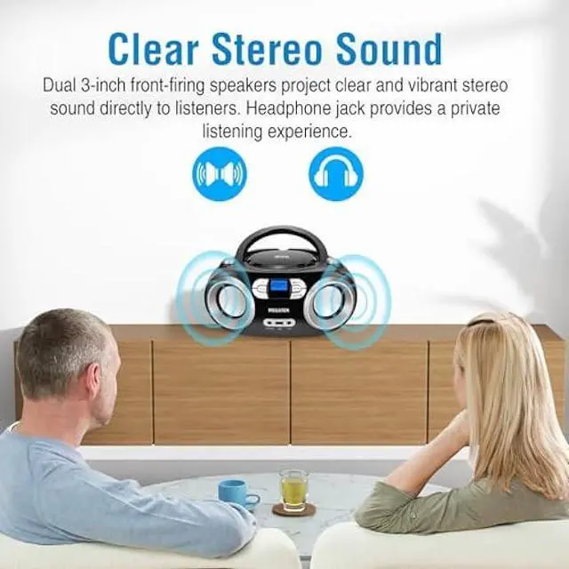 Alt view image 3 of 5 - MEGATEK Portable CD Player Boombox with FM Radio, Bluetooth, USB Port, AUX Input, and Headphone Jack  CD-R/CD-RW/MP3-CD Compatible, Clear Stereo Sound, Backlit LCD Display  Black