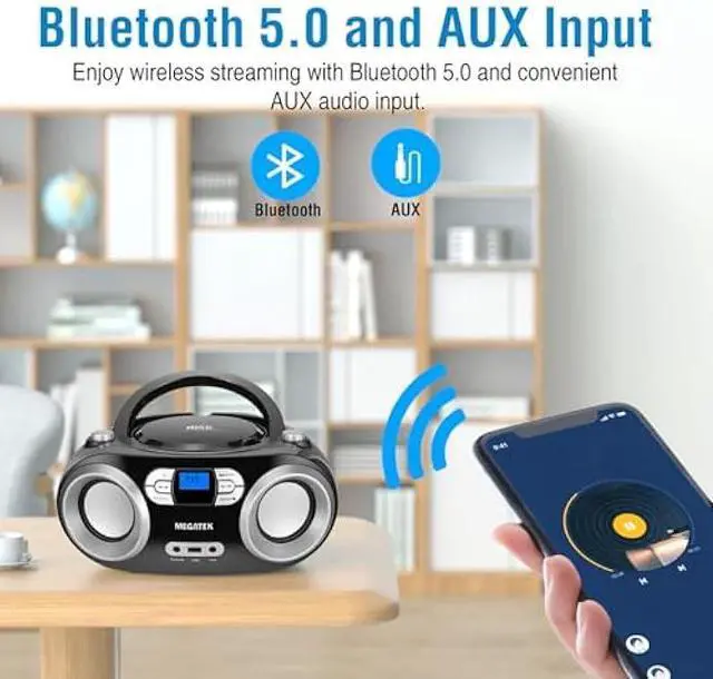 Alt view image 4 of 5 - MEGATEK Portable CD Player Boombox with FM Radio, Bluetooth, USB Port, AUX Input, and Headphone Jack  CD-R/CD-RW/MP3-CD Compatible, Clear Stereo Sound, Backlit LCD Display  Black