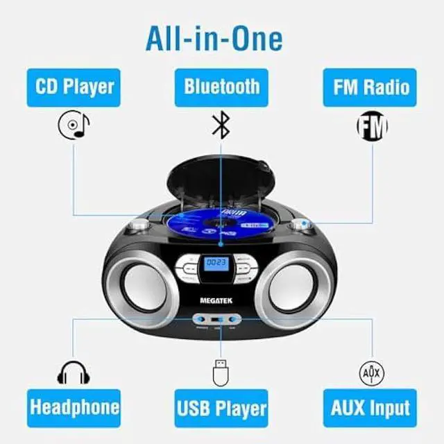 Alt view image 2 of 5 - MEGATEK Portable CD Player Boombox with FM Radio, Bluetooth, USB Port, AUX Input, and Headphone Jack  CD-R/CD-RW/MP3-CD Compatible, Clear Stereo Sound, Backlit LCD Display  Black