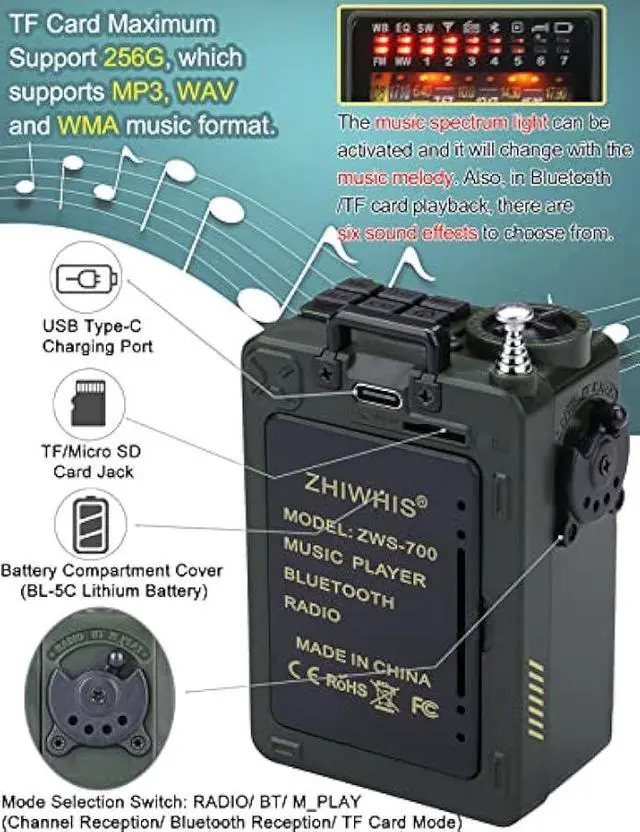 Alt view image 4 of 6 - ZHIWHIS Shortwave Radio with Bluetooth, Portable Radio with Sleep Timer, Weather AM FM Shortwave Radios with Best Sound, Retro Analog Tuner with Preset, Rechargeable MP3 Player Support MicroSD Card