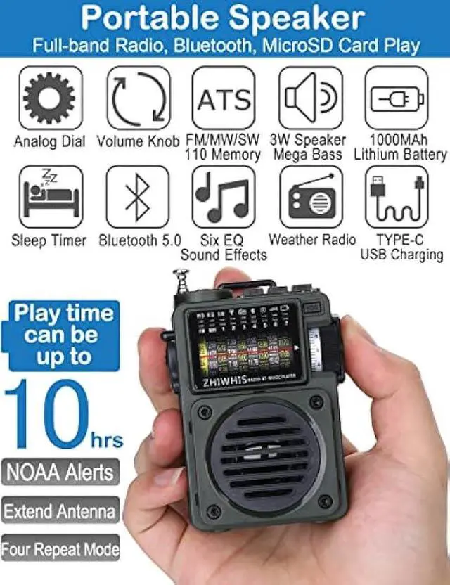 Alt view image 2 of 6 - ZHIWHIS Shortwave Radio with Bluetooth, Portable Radio with Sleep Timer, Weather AM FM Shortwave Radios with Best Sound, Retro Analog Tuner with Preset, Rechargeable MP3 Player Support MicroSD Card