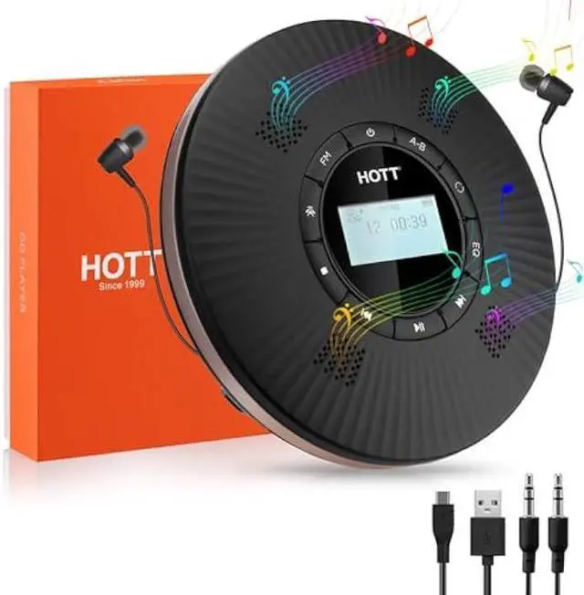 Main image of HOTT Portable CD Player Built-in 4 Speakers Stereo Sound,Bluetooth 5.3 Anti Skip CD Player,FM Transmitter,A-B Repeat AUX Cable Rechargeable 1800mAh Small CD Players for Car
