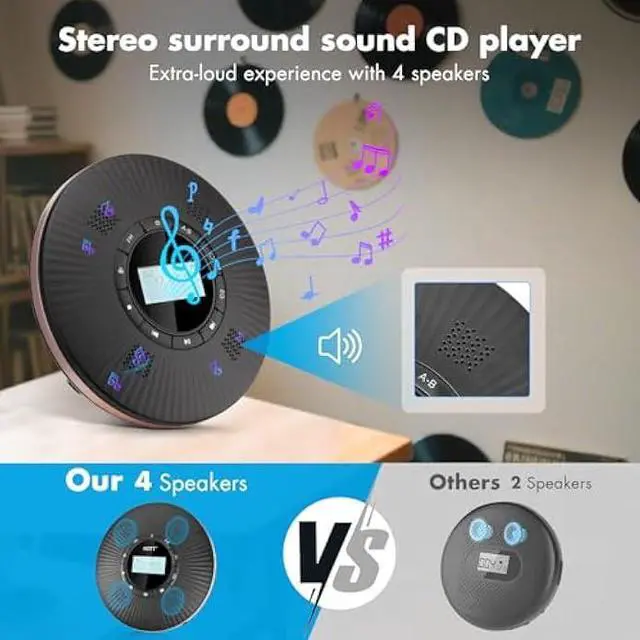 Alt view image 2 of 5 - HOTT Portable CD Player Built-in 4 Speakers Stereo Sound,Bluetooth 5.3 Anti Skip CD Player,FM Transmitter,A-B Repeat AUX Cable Rechargeable 1800mAh Small CD Players for Car