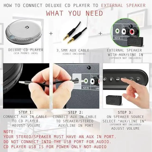 Alt view image 4 of 5 - CD Player Portable with 60 Second Anti Skip, Stereo Earbuds, Includes Aux in Cable and AC USB Power Cable for use at Home or in Car. Silver