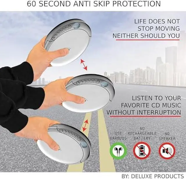 Alt view image 5 of 5 - CD Player Portable with 60 Second Anti Skip, Stereo Earbuds, Includes Aux in Cable and AC USB Power Cable for use at Home or in Car. Silver