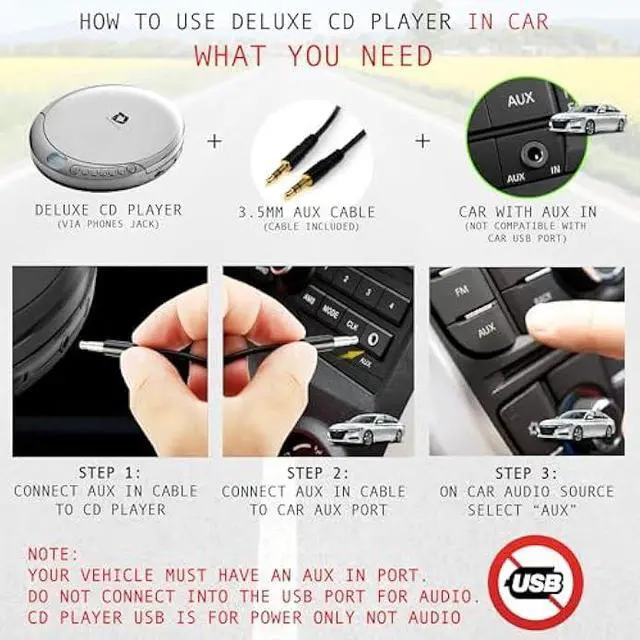 Alt view image 3 of 5 - CD Player Portable with 60 Second Anti Skip, Stereo Earbuds, Includes Aux in Cable and AC USB Power Cable for use at Home or in Car. Silver