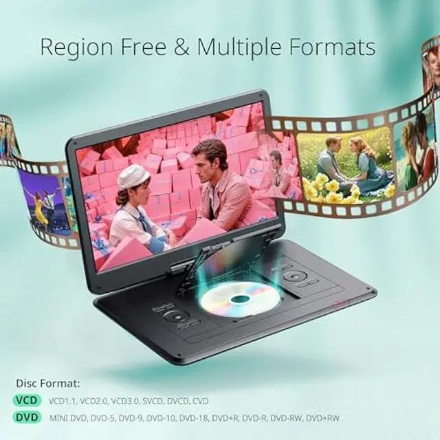 Alt view image 3 of 5 - YOTON 17.5 Portable DVD Player with 15.6 HD Swivel Screen for Car and Kids, 4-6 Hours Working Time with Built-in Battery, Dual Stereo Speakers, USB/SD/AV/Audio/Gamepad Support [Not Support Blu-Ray]