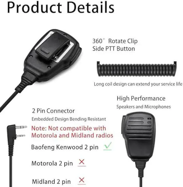 Alt view image 3 of 6 - SAMCOM Shoulder Mic of Walkie Talkies, Two Way Radio Speaker Microphone, Handheld Walkie Talkie Microphone for Most 2 Way Radios, 2 Pin Radio Mic with PTT (2 Pack)