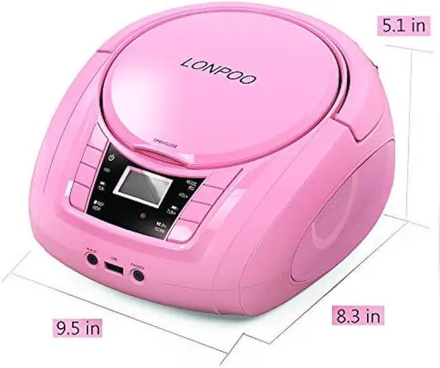 Alt view image 3 of 5 - LONPOO Portable Boombox - CD Player, Bluetooth, USB, MP3, AUX, FM Radio, Portable, Built-in Stereo Speakers, Carrying Handle, LCD Display, Pink