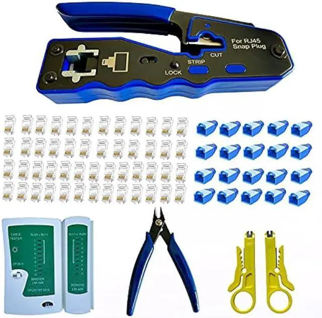 Main image of Rj45 Crimp Tool Kit Pass Through and Standard Cat6 Cat6A Cat5 Cat5e rj45 Crimping Tool with 50pcs rj45 Cat6 Pass Through Connectors, 20pcs Covers, 1 Network Cable Tester, 2 Wire Strippers, 1 Cutter