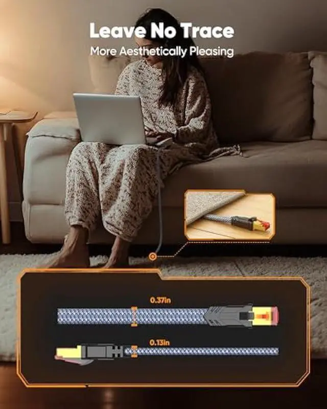 Alt view image 5 of 5 - Snowkids Cat 8 Ethernet Cable 65 FT, High Speed 40Gbps,2000Mhz Braided High Duty LAN Cable,Gold Plated RJ45 Connector,S/FTP Shielded Indoor Flat 26AWG Network Cable for Modem/Router/PS3/4/5/Gaming/PC