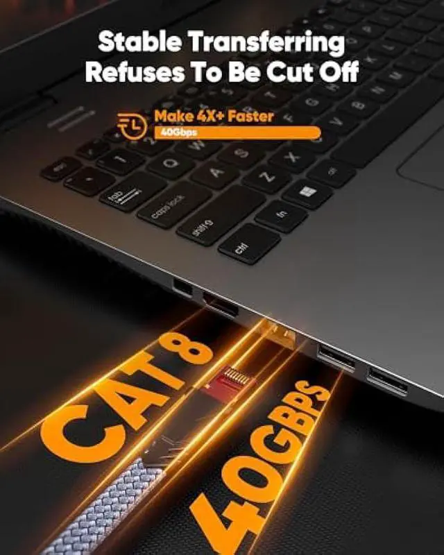 Alt view image 2 of 5 - Snowkids Cat 8 Ethernet Cable 65 FT, High Speed 40Gbps,2000Mhz Braided High Duty LAN Cable,Gold Plated RJ45 Connector,S/FTP Shielded Indoor Flat 26AWG Network Cable for Modem/Router/PS3/4/5/Gaming/PC