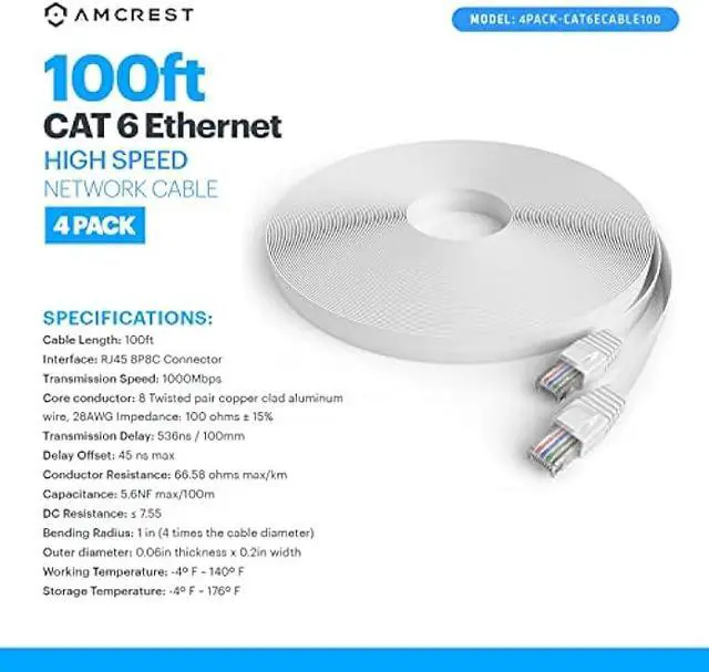 Alt view image 5 of 5 - Amcrest CAT6E 4K-Rated Video POE Ethernet Cable 100ft Internet High Speed Network Cable for PoE Security IP Cameras, Smart TV, PS4, Xbox One, Router, Laptop, Computer, Home (4PACK-CAT6ECABLE100)