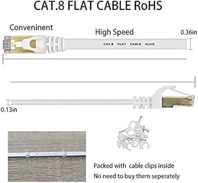 Alt view image 3 of 7 - DEFACE Cat 8 Ethernet Cable 100 Ft Cat8 Internet Cable Flat Gigabit High Speed Shielded RJ45 LAN Cable White