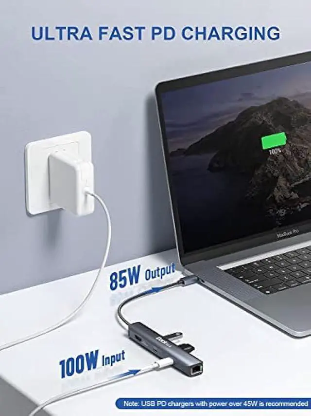 Alt view image 4 of 5 - USB C Hub Ethernet,6 in 1 Laptop Docking Station, Dockteck USB C Multiport Adapter with 4K@60Hz HDMI, 100W PD, 1Gbps LAN, 2 USB 3.0 for MacBook Pro/Air, Surface Pro, XPS and More