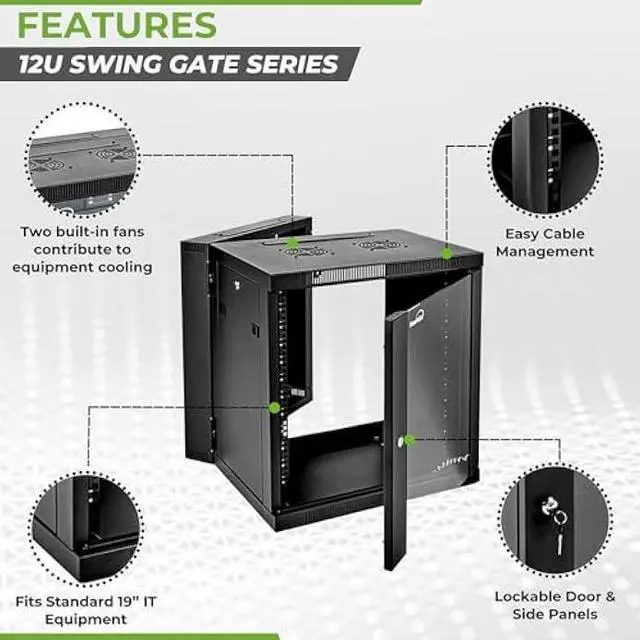 Alt view image 2 of 6 - NavePoint Server Cabinet with Hinged Back - 17.7' Deep, 12U Rack Enclosure with Locking Glass Door, Wall Mount Rack with Removable Side Panels, Network Cabinet with 2 Fans, Assembled