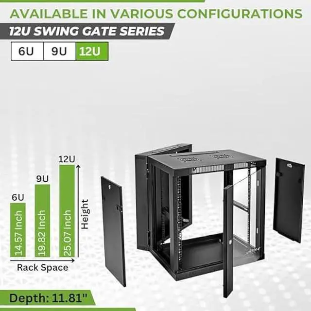 Alt view image 3 of 6 - NavePoint Server Cabinet with Hinged Back - 17.7' Deep, 12U Rack Enclosure with Locking Glass Door, Wall Mount Rack with Removable Side Panels, Network Cabinet with 2 Fans, Assembled