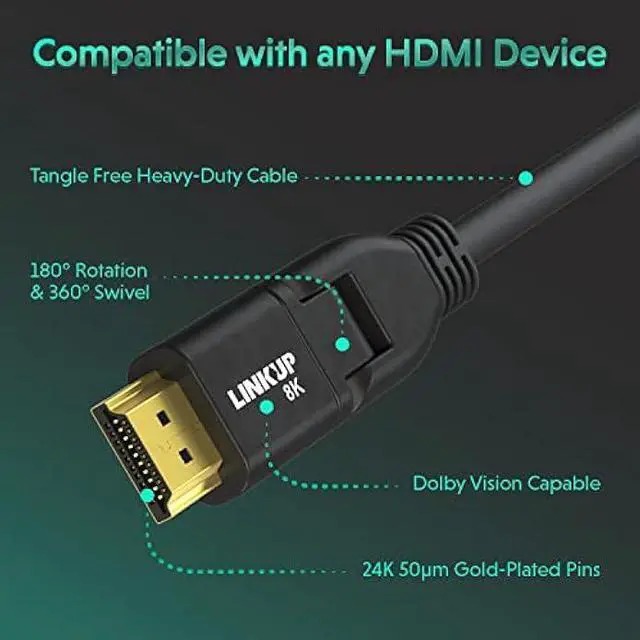 Alt view image 2 of 5 - LINKUP - Ultra High-Speed HDMI 2.1 8K Cable 360° Swivel Angle Connector | DSC HDR UHD Digital Video Cord  Tough 28AWG 48GB/s | 10K 8K 5K 4K 2K 1080 | Compatible with Apple Xbox PS5 Samsung -6ft