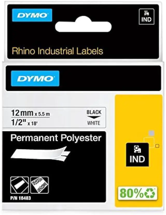 Main image of DYMO Rhino Industrial Permanent Polyester Labels 1/2 Black Print on White Tape