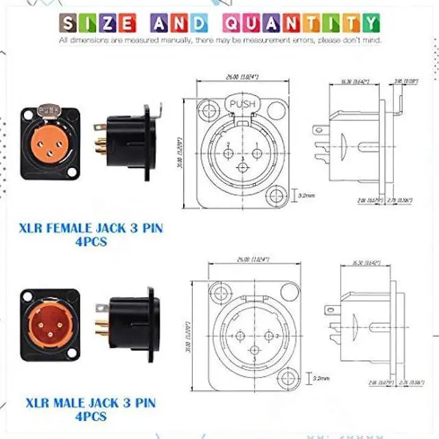 Alt view image 2 of 5 - Glarks 8Pcs 3 Pin XLR Male Female Jack with Gold Plated Pin, Chassis Panel Mount Jacks D Series Size, Compatible with Series D Pattern Holes Audio Studio Connector