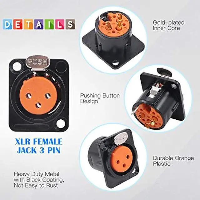 Alt view image 4 of 5 - Glarks 8Pcs 3 Pin XLR Male Female Jack with Gold Plated Pin, Chassis Panel Mount Jacks D Series Size, Compatible with Series D Pattern Holes Audio Studio Connector