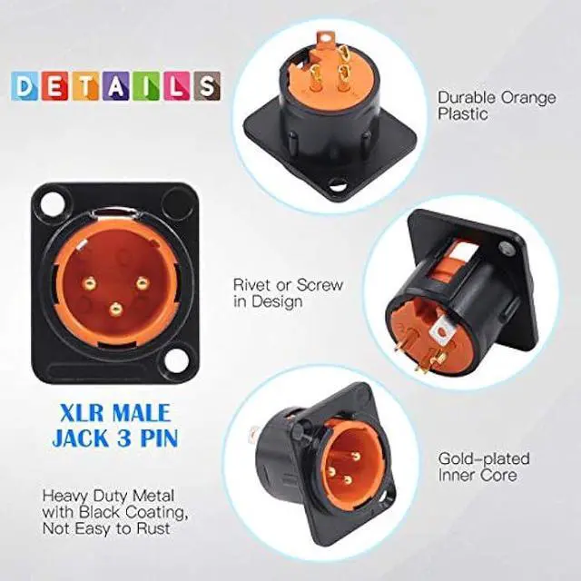 Alt view image 5 of 5 - Glarks 8Pcs 3 Pin XLR Male Female Jack with Gold Plated Pin, Chassis Panel Mount Jacks D Series Size, Compatible with Series D Pattern Holes Audio Studio Connector