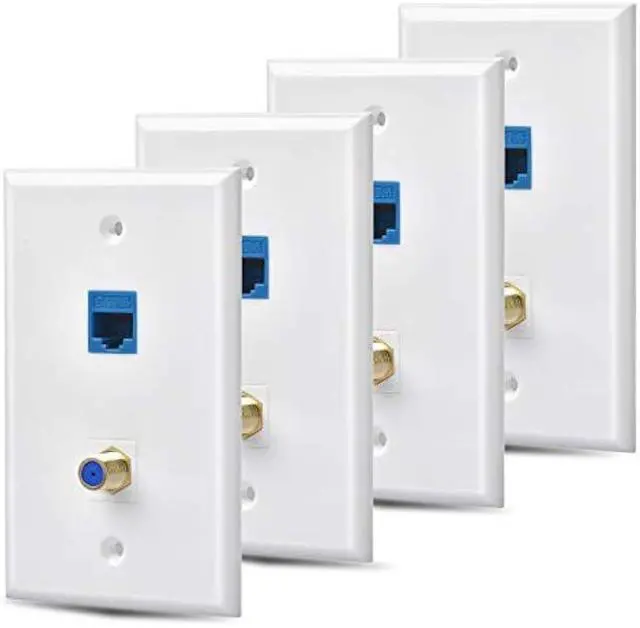 Main image of 4 Packs Ethernet Coax Wall Plate Outlet with 1 Cat6 Keystone Port and 1 Gold-Plated Cable TV Coax F Type Port RJ45 Female to Female Direct Network Connector Wall Plates Blue