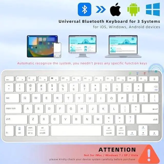 Alt view image 2 of 7 - Qulose Bluetooth Keyboard, Ultra-Slim Wireless Keyboard for iPad, Rechargeable Ergonomic Computer Keyboard for iOS, Android, Windows PC Tablets Phone, White Silver