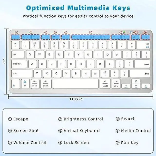 Alt view image 3 of 7 - Qulose Bluetooth Keyboard, Ultra-Slim Wireless Keyboard for iPad, Rechargeable Ergonomic Computer Keyboard for iOS, Android, Windows PC Tablets Phone, White Silver