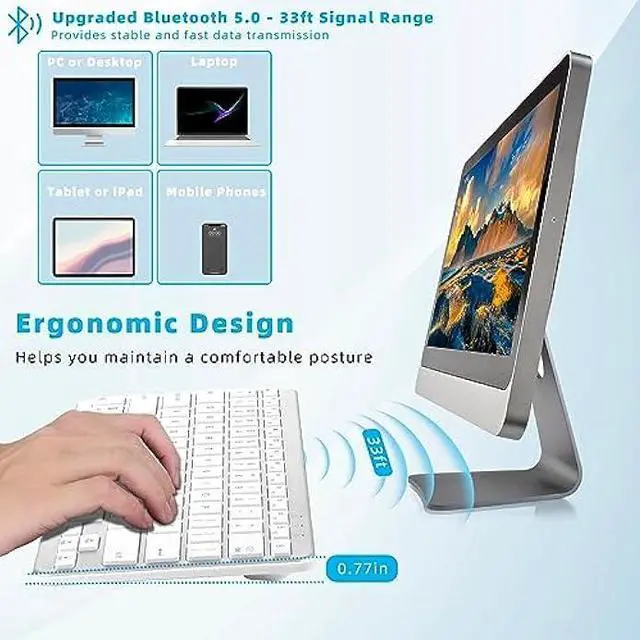 Alt view image 5 of 7 - Qulose Bluetooth Keyboard, Ultra-Slim Wireless Keyboard for iPad, Rechargeable Ergonomic Computer Keyboard for iOS, Android, Windows PC Tablets Phone, White Silver