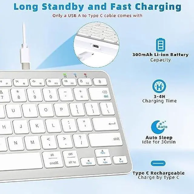 Alt view image 6 of 7 - Qulose Bluetooth Keyboard, Ultra-Slim Wireless Keyboard for iPad, Rechargeable Ergonomic Computer Keyboard for iOS, Android, Windows PC Tablets Phone, White Silver