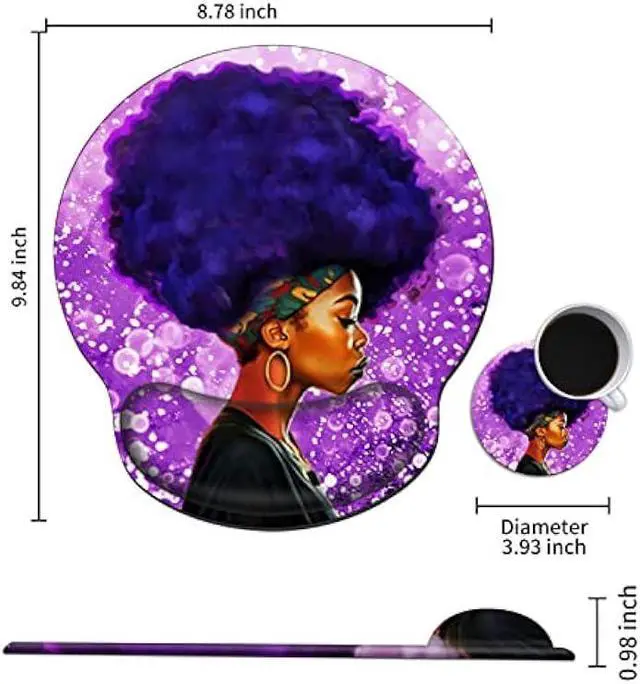 Alt view image 2 of 7 - Mouse Pad with Wrist Support Gel, Ergonomic Mouse Pad with Comfortable Wrist Rest, Gaming Mousepad Non-Slip PU Base for Laptop Office Easy Typing & Pain Relief, African Women with Purple Hair