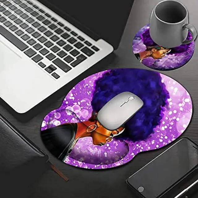 Alt view image 7 of 7 - Mouse Pad with Wrist Support Gel, Ergonomic Mouse Pad with Comfortable Wrist Rest, Gaming Mousepad Non-Slip PU Base for Laptop Office Easy Typing & Pain Relief, African Women with Purple Hair