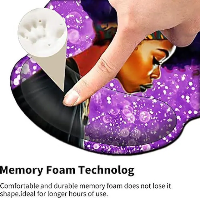 Alt view image 6 of 7 - Mouse Pad with Wrist Support Gel, Ergonomic Mouse Pad with Comfortable Wrist Rest, Gaming Mousepad Non-Slip PU Base for Laptop Office Easy Typing & Pain Relief, African Women with Purple Hair
