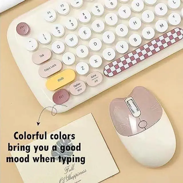 Alt view image 5 of 5 - 2.4G Full-Size Wireless Keyboard and Mouse Combo, Multi-Color Typewriter Style Round Keycap, Cute Candy Colors, Compatible with Notebook, PC (104 Keys,Beige)