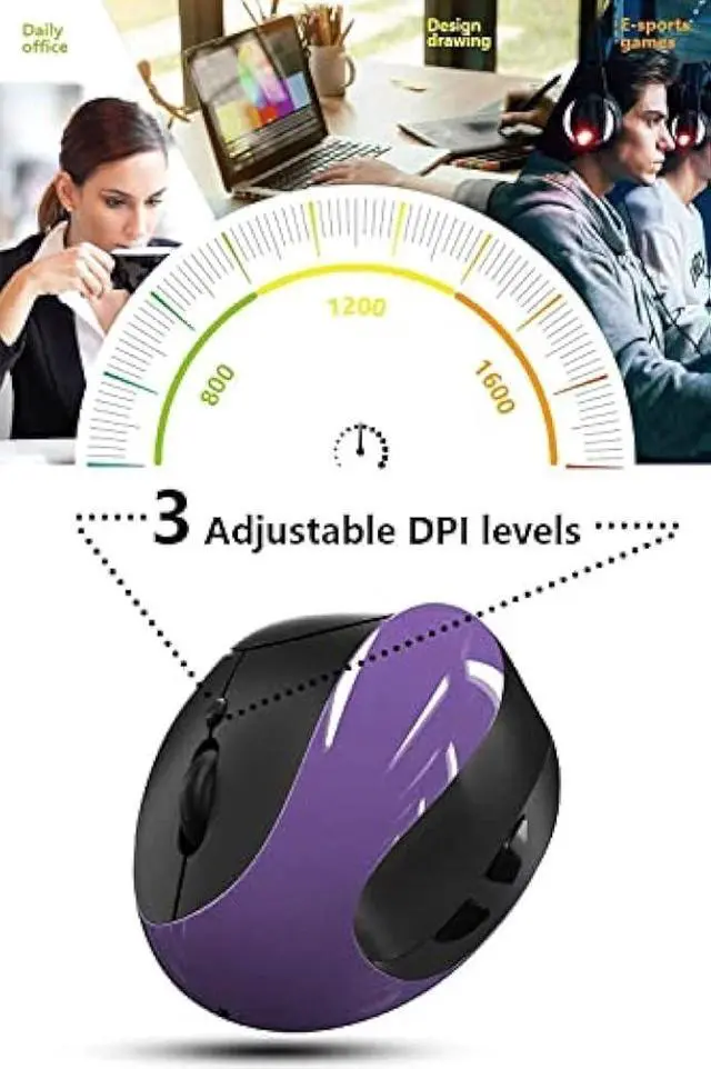 Alt view image 5 of 6 - Ergonomic Vertical Mouse, Wireless 2.4G High Precision Rechargeable Ergonomic Mouse Optical Mice with Adjustable DPI 800/1200/1600, Reduce Wrist Strain, Specially for Small-handers Right-handers
