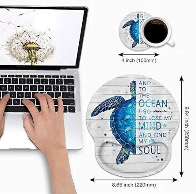 Alt view image 3 of 7 - Ergonomic Mouse Pad Wrist Support and Coffee Coaster, Funny Words with Blue Sea Turtle on Rustic Wooden Board Design Wrist Rest Mousepad, Pain Relief Wrist Mouse Pads for Computer Laptop Home Office