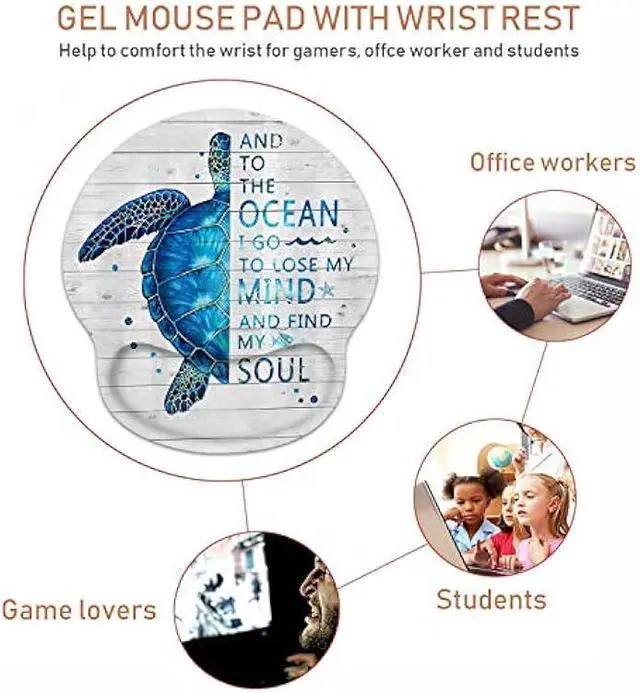 Alt view image 6 of 7 - Ergonomic Mouse Pad Wrist Support and Coffee Coaster, Funny Words with Blue Sea Turtle on Rustic Wooden Board Design Wrist Rest Mousepad, Pain Relief Wrist Mouse Pads for Computer Laptop Home Office