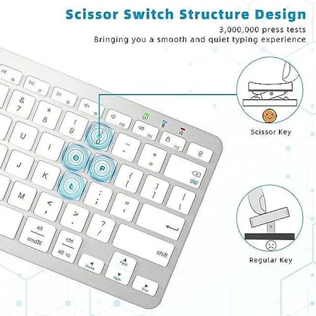 Alt view image 4 of 7 - Qulose Bluetooth Keyboard, Ultra-Slim Wireless Keyboard for iPad, Rechargeable Ergonomic Computer Keyboard for iOS, Android, Windows PC Tablets Phone, White Silver